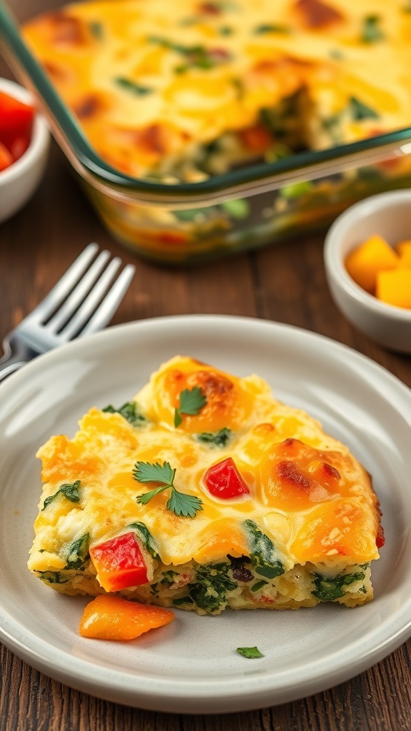 A slice of Whole30 breakfast casserole with eggs, spinach, and bell peppers on a plate, garnished with herbs.